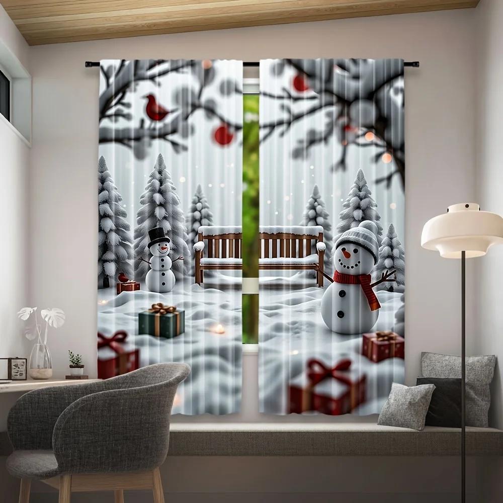 2pcs Christmas Snowman Gift Printed Curtains Designed for Light Filtering Quality Material Perfect for Christmas Holiday Home