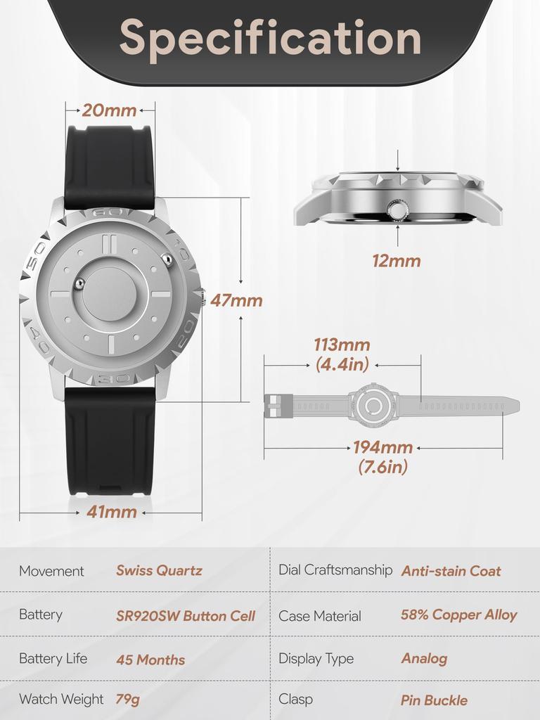 EUTOUR Męski Kwarcowy Zegarek na Rękę Magnetyczny Łożysko Kulkowe Minimalistyczny Codzienny Wodoodporny Tarcza 40MM Srebrna Czarny Gumowy Pasek