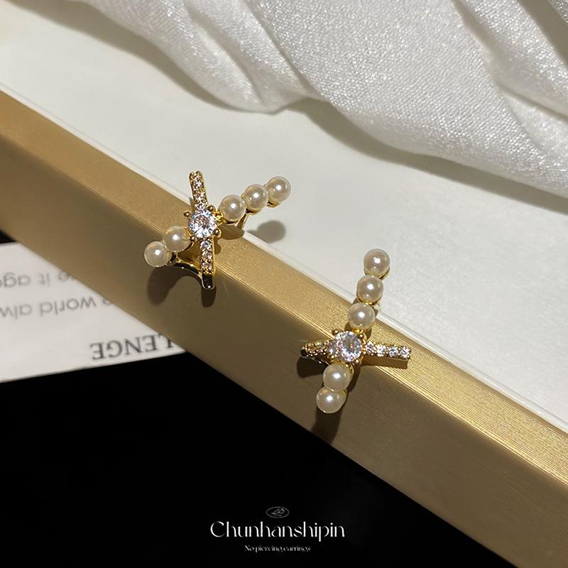 Zircon cross pearl ear clips women's niche design exquisite gentle stud earrings fashion light luxury temperament no pierced earrings