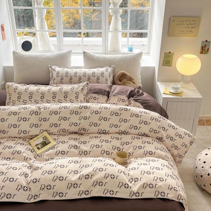 small fresh pure cotton abraded four-piece set, skin-friendly bed sheet washed cotton quilt cover, dormitory three-piece set