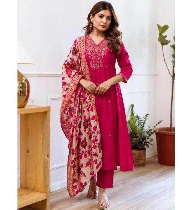 Women Designer Embroidery Straight Kurta and Pant Set with Dupatta Set S розовый