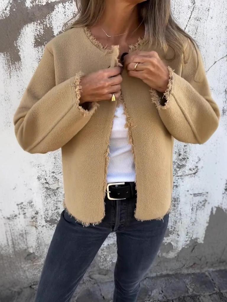 Women's 2025 Fashion Crew Neck Long Sleeve Woolen Coat