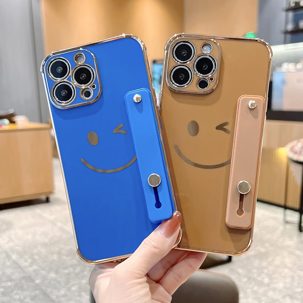 Electroplated side smiley face with bracket, suitable for Apple 16/17promax mobile phone case iPhone14/15 anti-drop cover