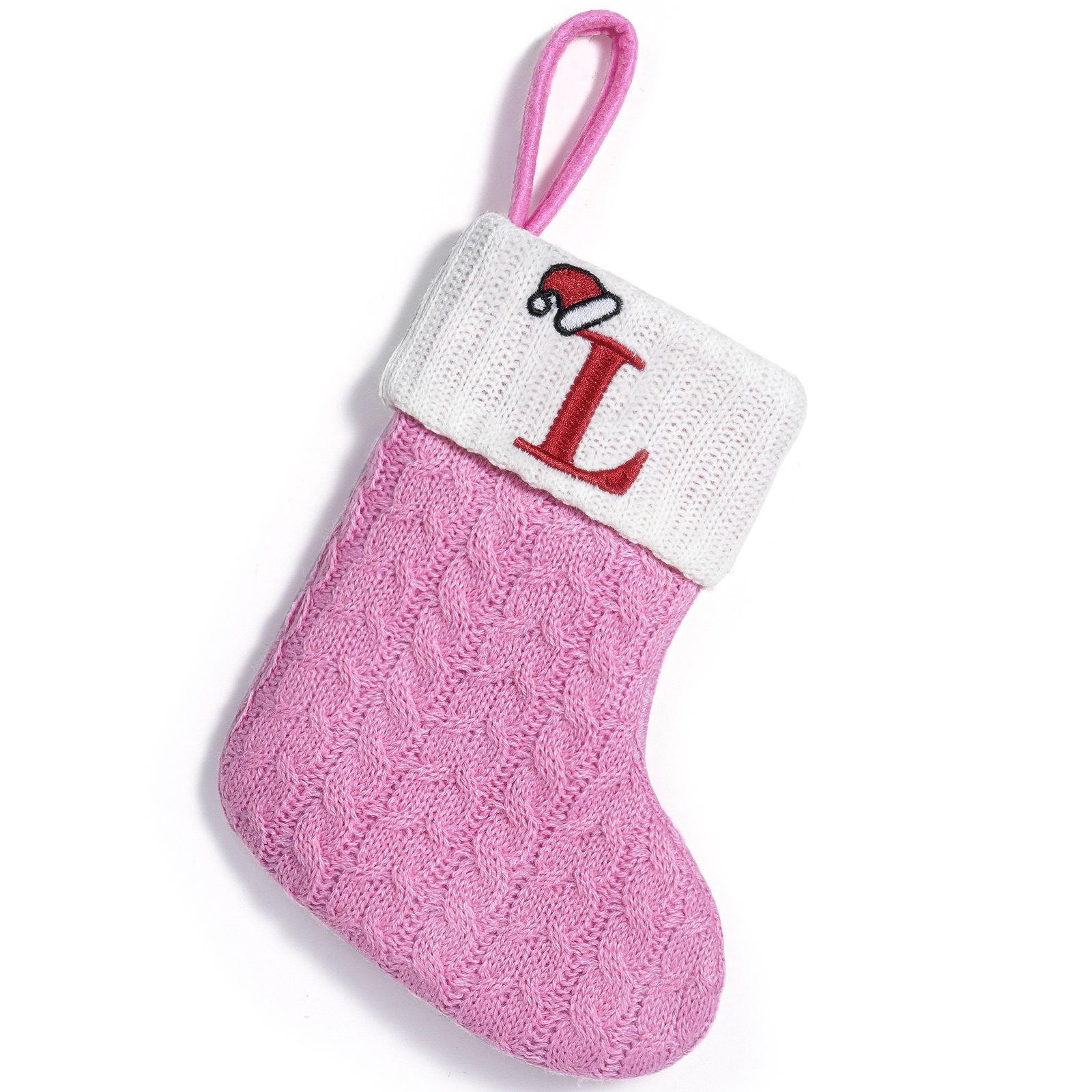 Knitted Pink Christmas Stocking with Embroidered Letter for Tree, Window, or Gift Decoration