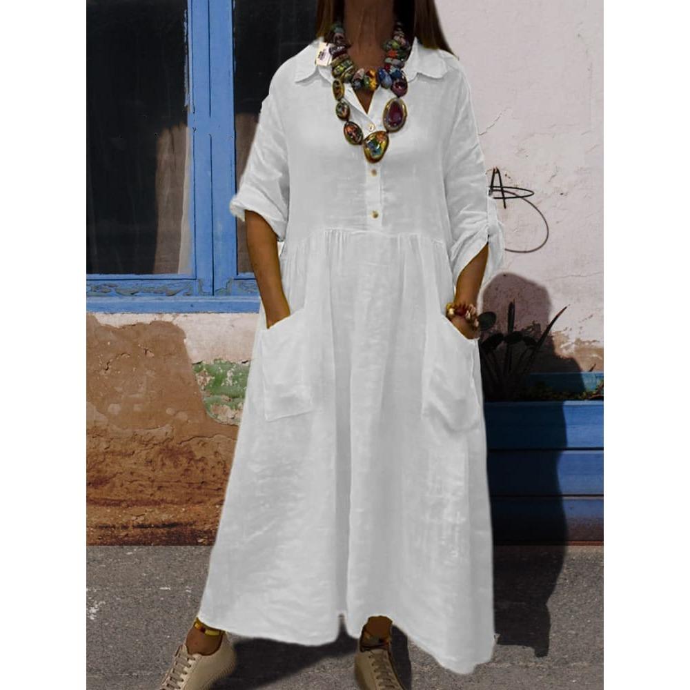 New Women's Loose Solid Color Vacation Casual Button Artistic Style Fashionable Dress