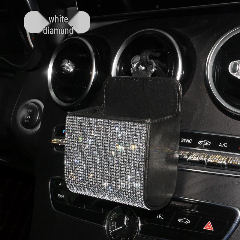 Rhinestone Leather Car Air Vent Organizer Bag - Multifunctional Lambskin Storage Box