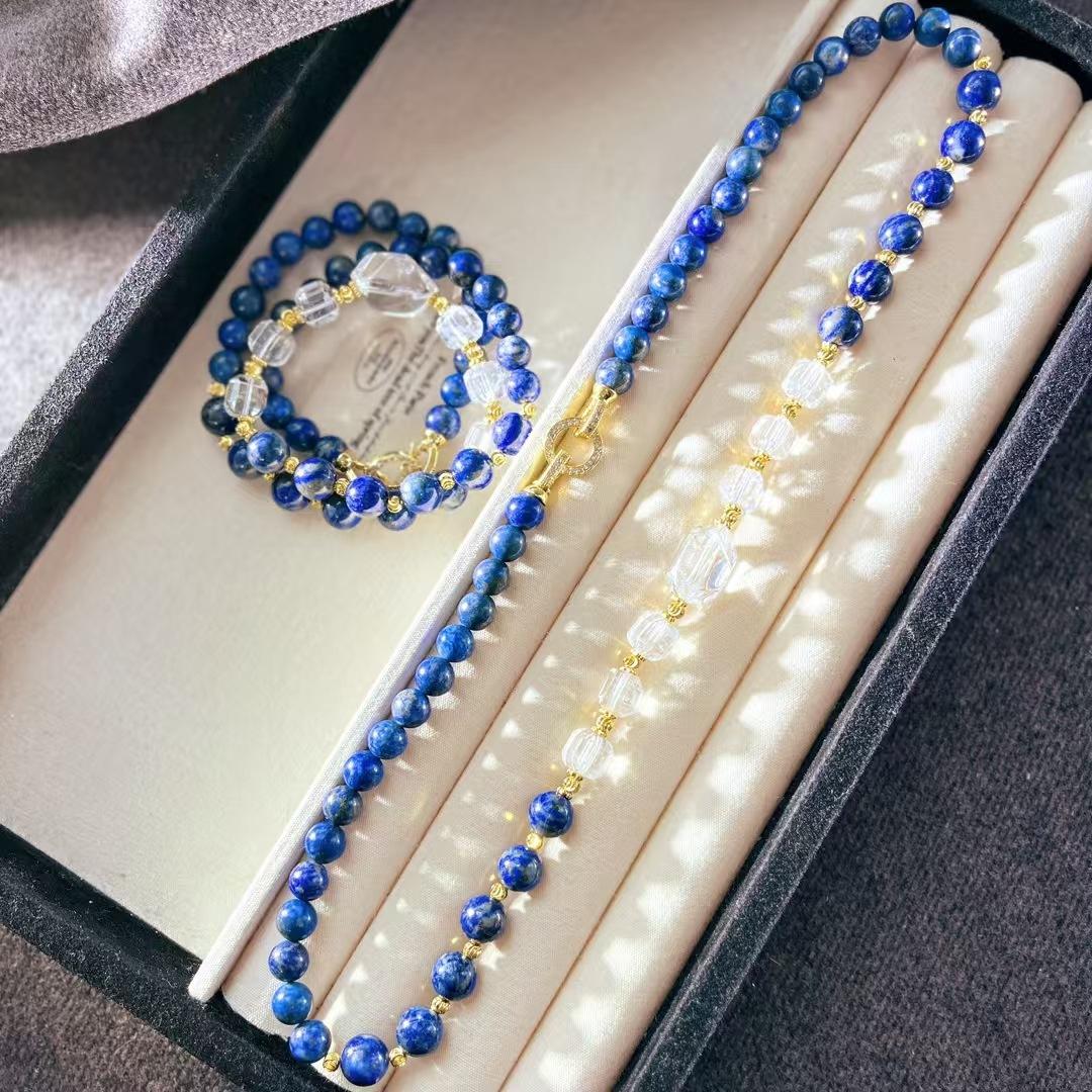 

Vintage High Quality Natural Lapis Lazuli White Crystal Design Sweater Chain Necklace Collarbone Chain