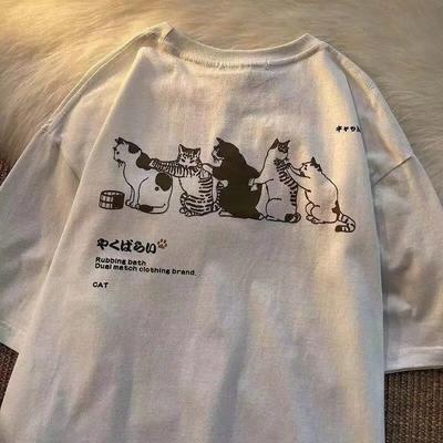 Summer T-shirt Womens Japanese Fresh Couple Y2k Harajuku Cartoon Cute Cat Print O-neck Short-sleeved Tops Aesthetic Clothes