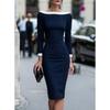 2026 Womens Wrap-Style Color-Block One-Shoulder Long Sleeve Bodycon Midi Dress Office Chic Workwear
