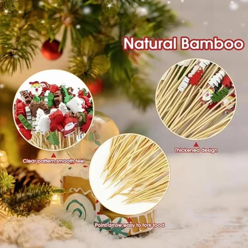 100PCS Christmas Cocktail Picks with Bambusa Material Featuring Tree Santa Snowman Reindeer and Snowflake Designs for Parties