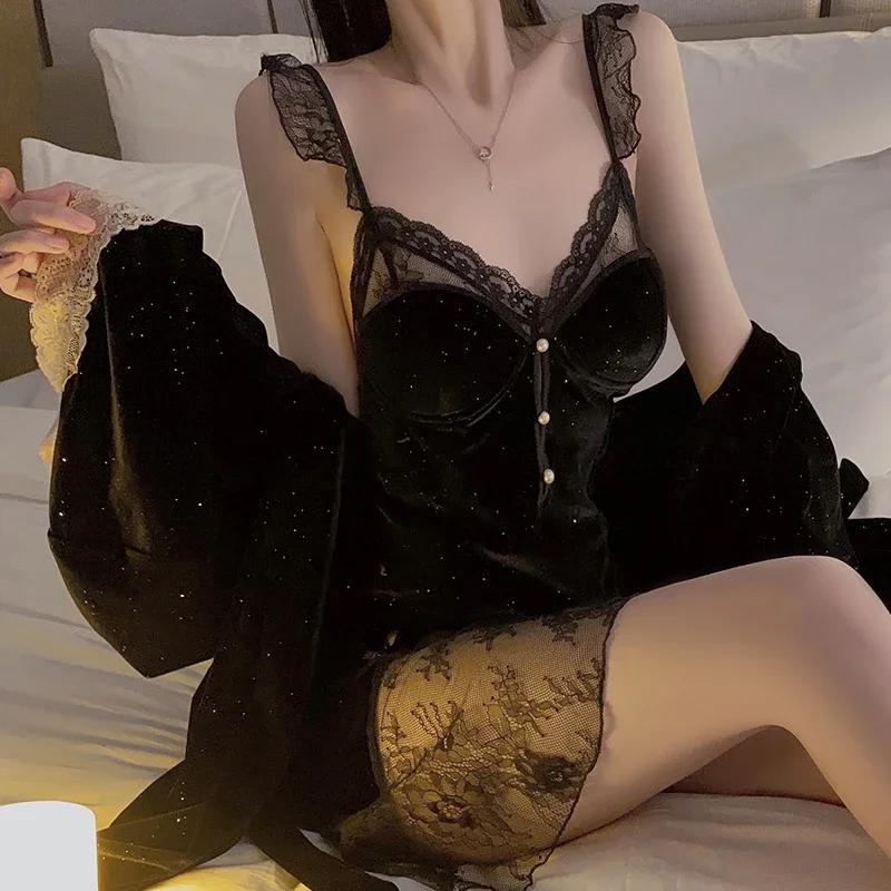 Sexy Backless Black Pajamas Set for Women with Breast Pads, Lace Shiny Velvet Pajamas for Women