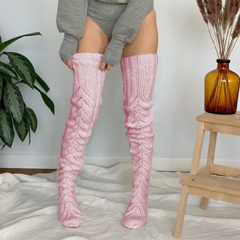 Hollowed Out Knitted Over Knee Long Socks for Women Winter Fall Thigh High Stockings Solid Color Thermal Long Leg Warmer