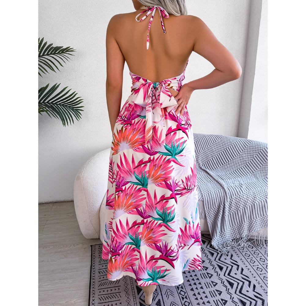 Jarní a letní květinové bez rukávů s výřezy halter dlouhé prázdninové plážové šaty pro ženy