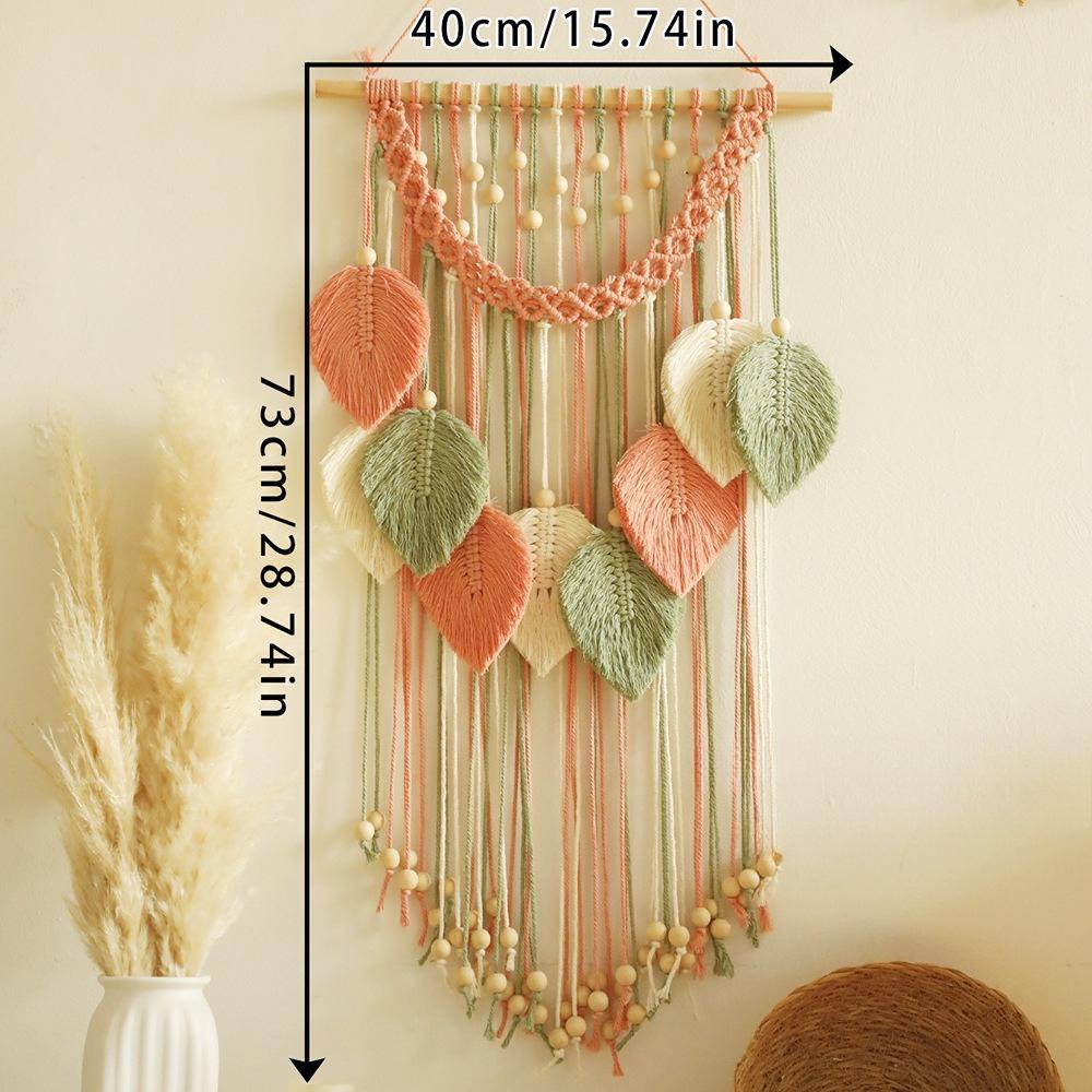 Handmade cotton thread weaving wooden bead leaf tapestry minimalist home decor bedroom homestay wall decoration