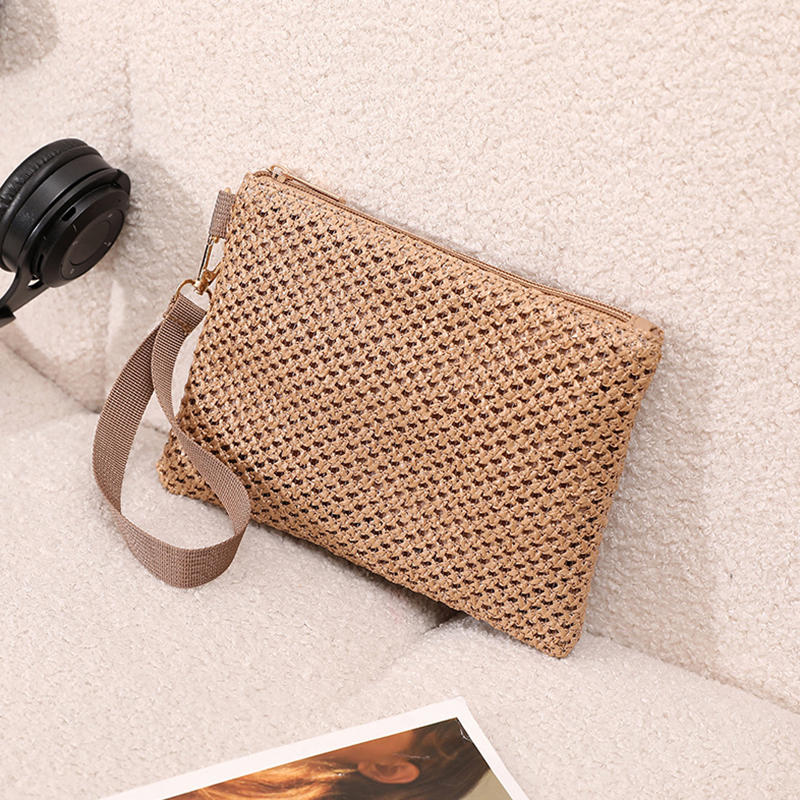 Fashion Straw Woven Bag For Women Hollow Out Beach Handbag With Wrist Strap Portable Phone Purse Solid Color Simple Cash Bag Summer Accessory