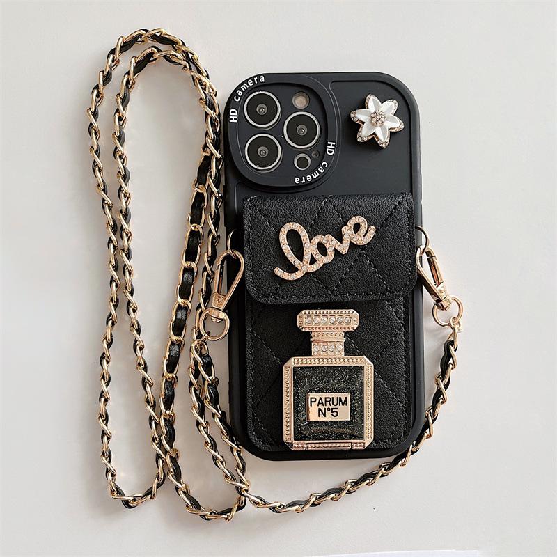 Luxury silicone perfume holder case with oblique chain for Apple 14 Promax, 13, 12, 11 soft full package card holder.