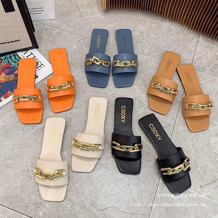 35-42 large size cool slippers women's 2021 summer new one-character metal chain outer wear fashionable blue black