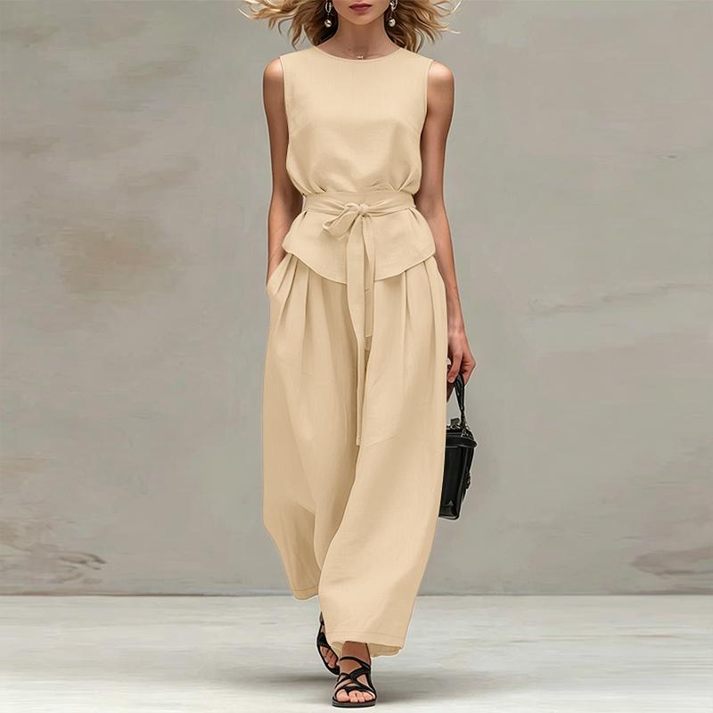 ZANZEA Женские топы без рукавов и брюки Летние костюмы-двойки S абрикосовый