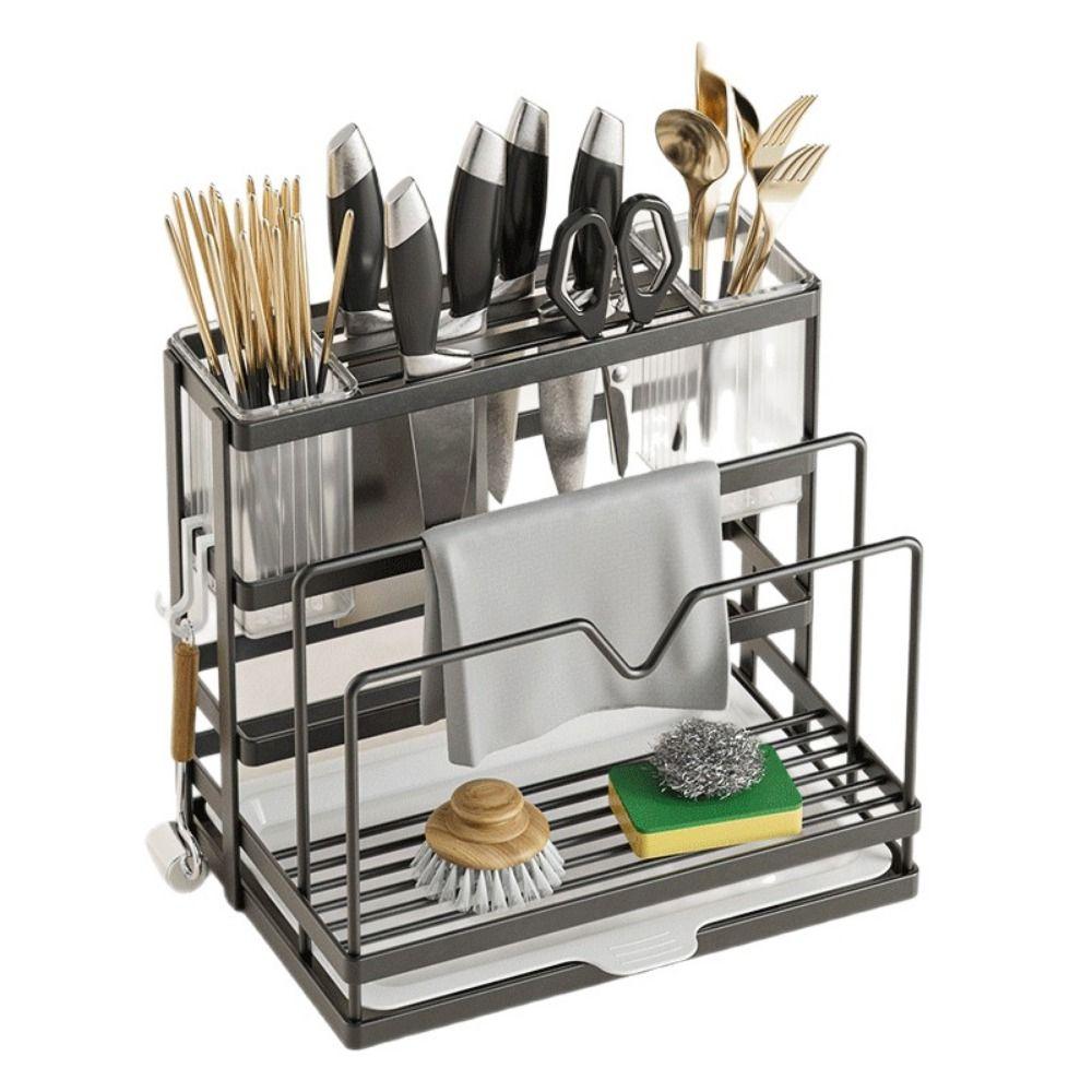 Carbon Steel Kitchen Countertop Organizer With Drainage Tray WIth Chopstick Cage Kitchen Stand Holder Wall Mounted/Countertop