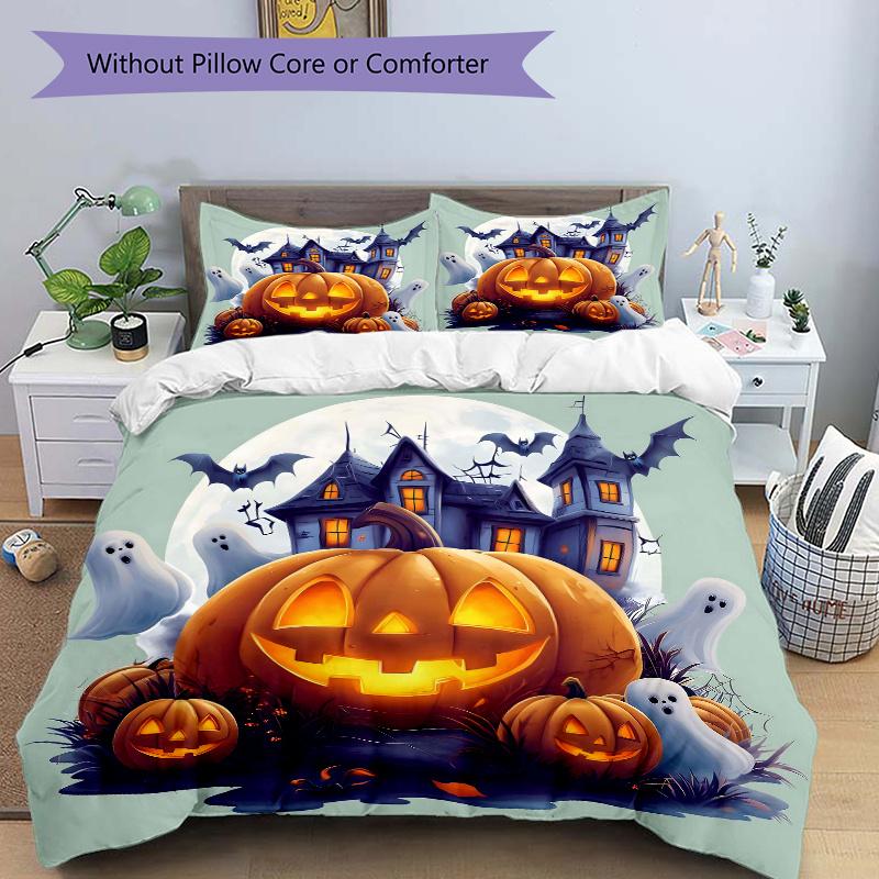 

3pcs Pumpkin Halloween Printed Duvet Cover Set (1 * Cover+2 * Pillowcase, Without Core), Suitable for Home Bedroom, Guest Room, Dormitory Decorat 135x200cm