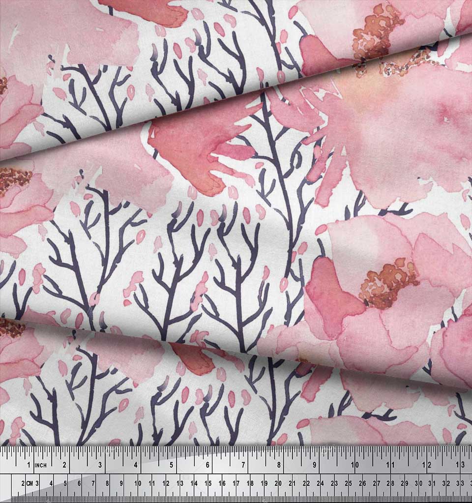 Soimoi Japan Crepe Satin Fabric Peony Watercolor Printed Craft Fabric by the metre 42 Inch