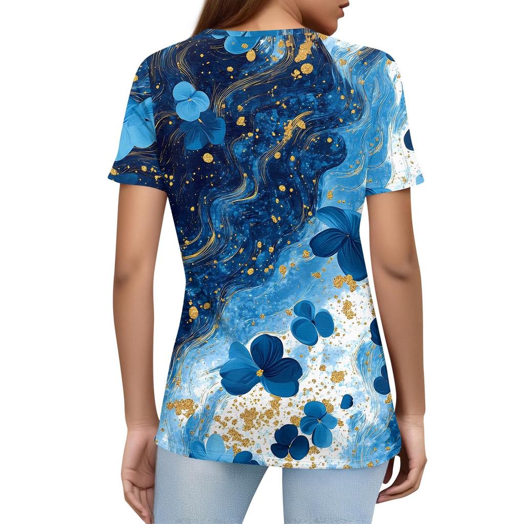 Damen T-Shirt mit Aufdruck und Knopfleiste, kurzärmelig, für den Alltag, Wochenendmode, Basic, V-Ausschnitt, normales Oberteil