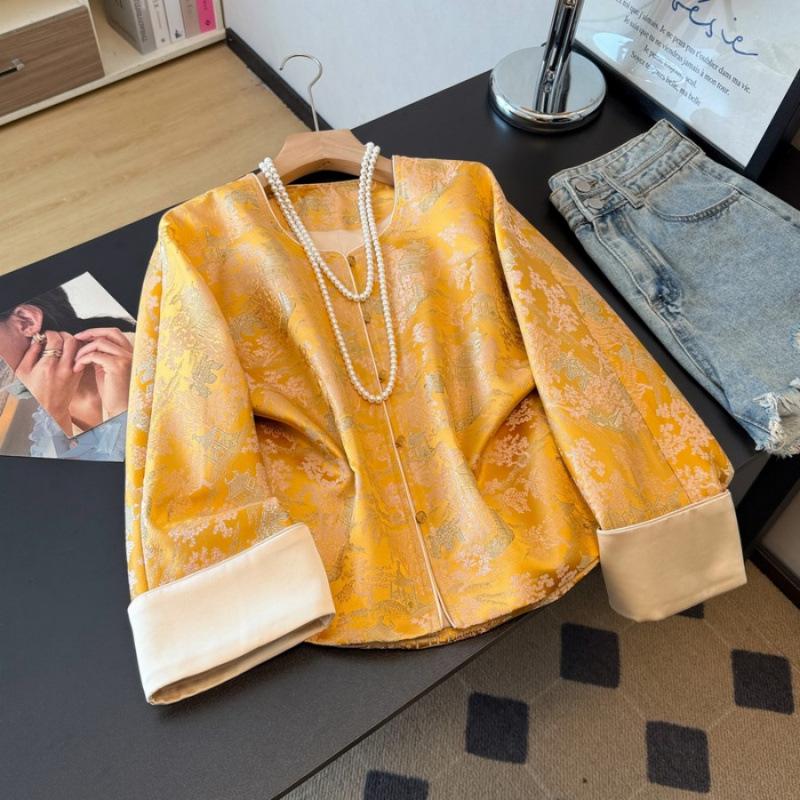 Elegant Silk Jacquard Satin Retro Chinese-Style Plus Size Top for Spring M