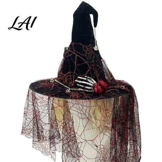 Unique Holiday Party Decor Punk Skeleton Hand Witch Hat with Spider And Veil Black Large Indoor Outdoor Festive Wizard Costume Accessory for Adults,