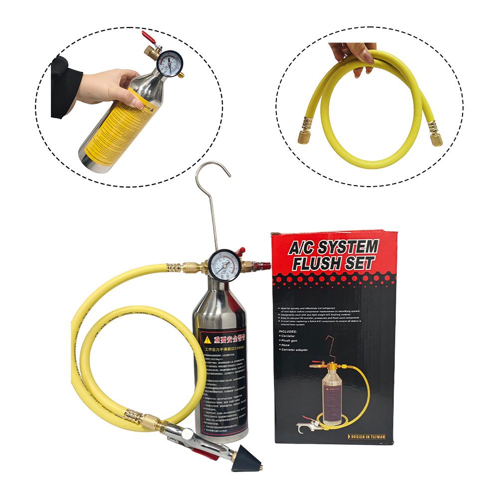 Leakproof Stainless AC Flush Canister Tool Kit with Connector Adapters for Daily Car AC Repair Work Paper box without safety exhaust valve