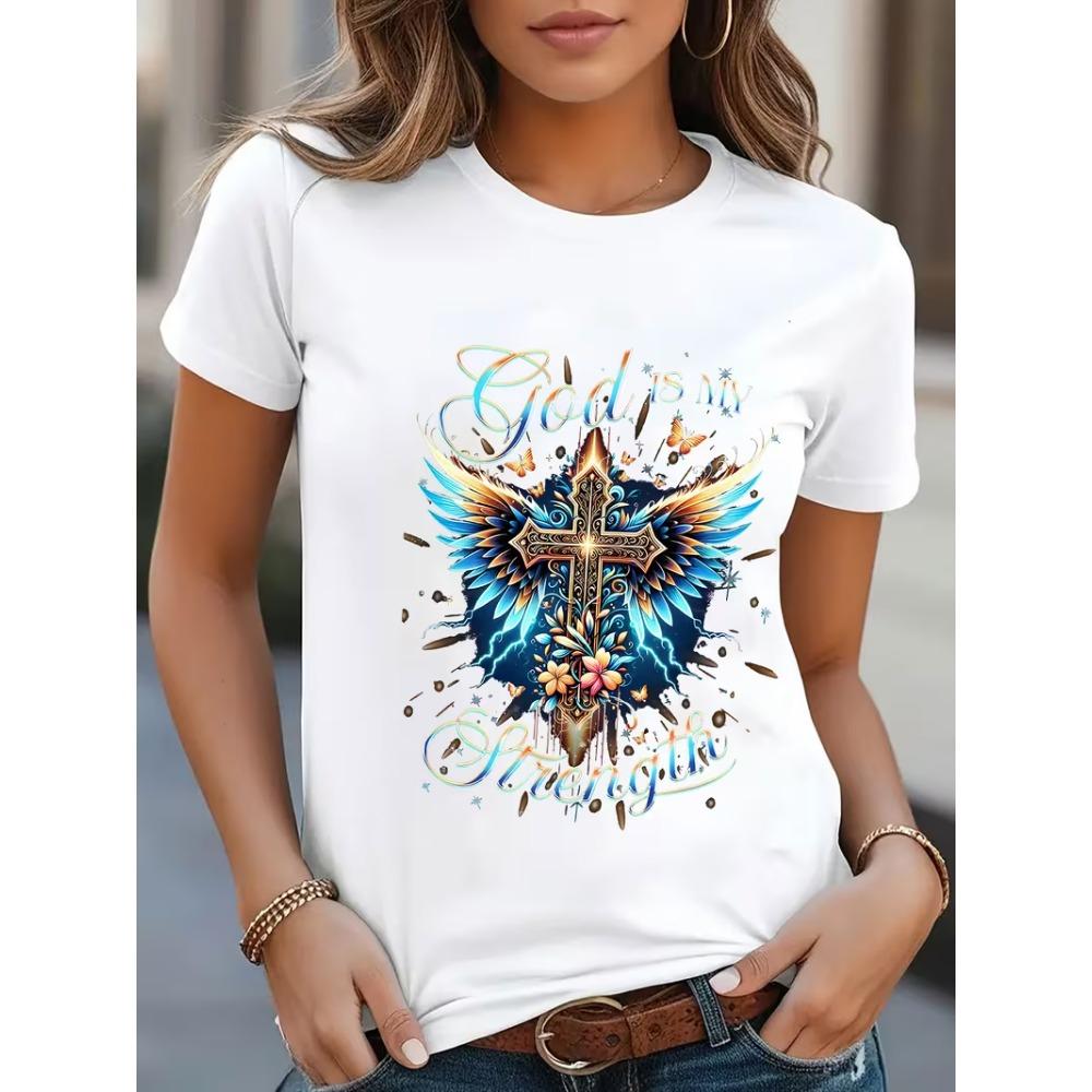 

Women s Christian Faith T-shirt Short Sleeved Round Neck Top with Cross and Wing Design, Inspired By Religious Clothing Tshirt S