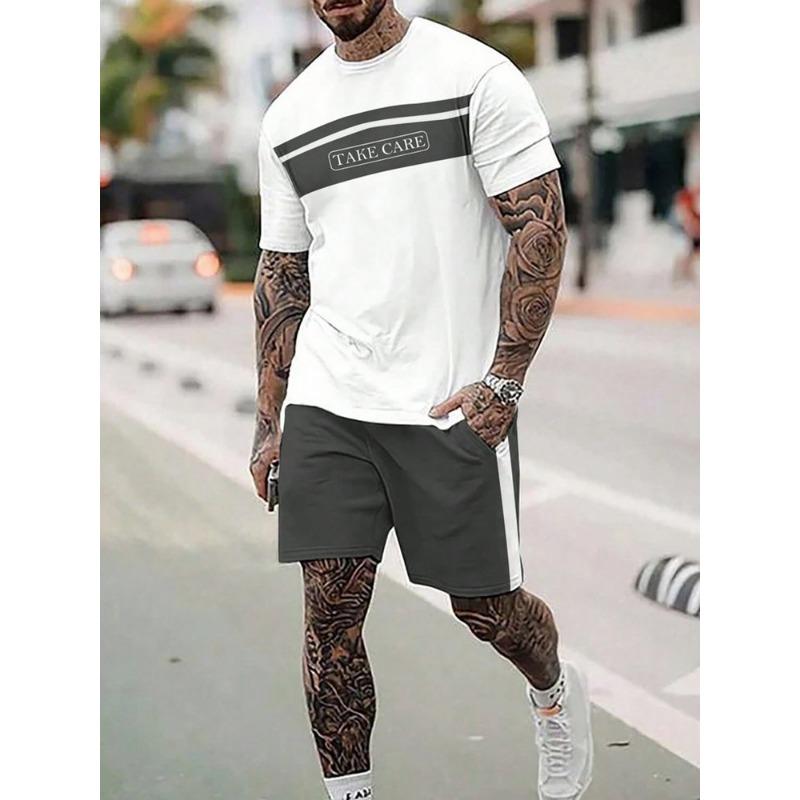 European-american Style Manfinity Homme Men's Full Print Casual Short Sleeve T-shirt + Shorts Set Anti-wrinkle Heat Insulation