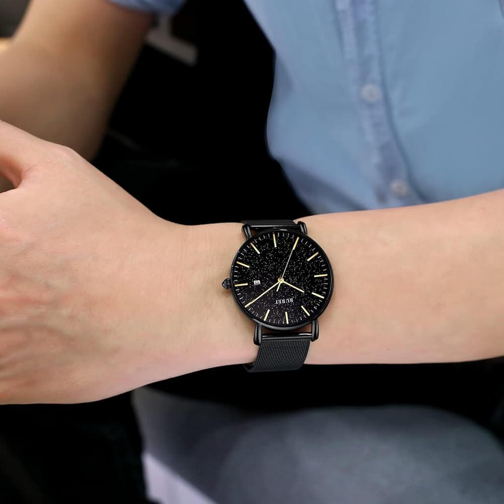 BUREI Men's Analog Watch Black Gold Waterproof Simple Business Milanese Mesh Strap