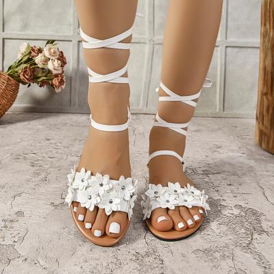 Bohemian Sandals Women's Summer New Flat-bottomed Flowers One-word Large-size Shoes Strap Sandals