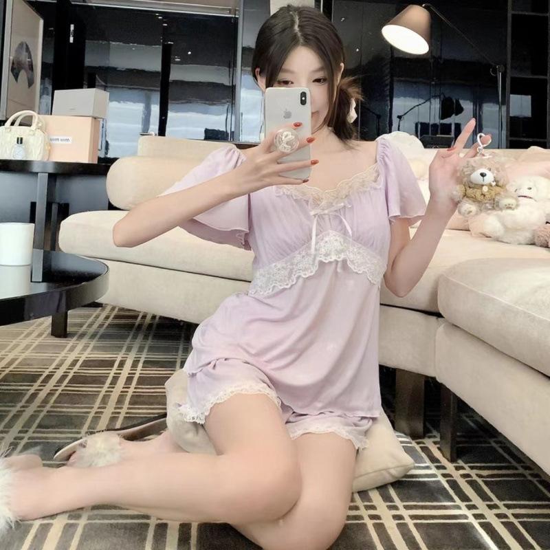 1011 summer new modal pajamas women's high-end short-sleeved trousers with chest pads thin loungewear three-piece set