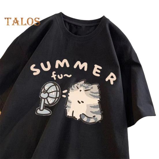 

Женская футболка на весну и лето с круглым вырезом и коротким рукавом, футболка с рисунком кота, свободный крой, пуловер для отдыха и вечеринки, топы XL