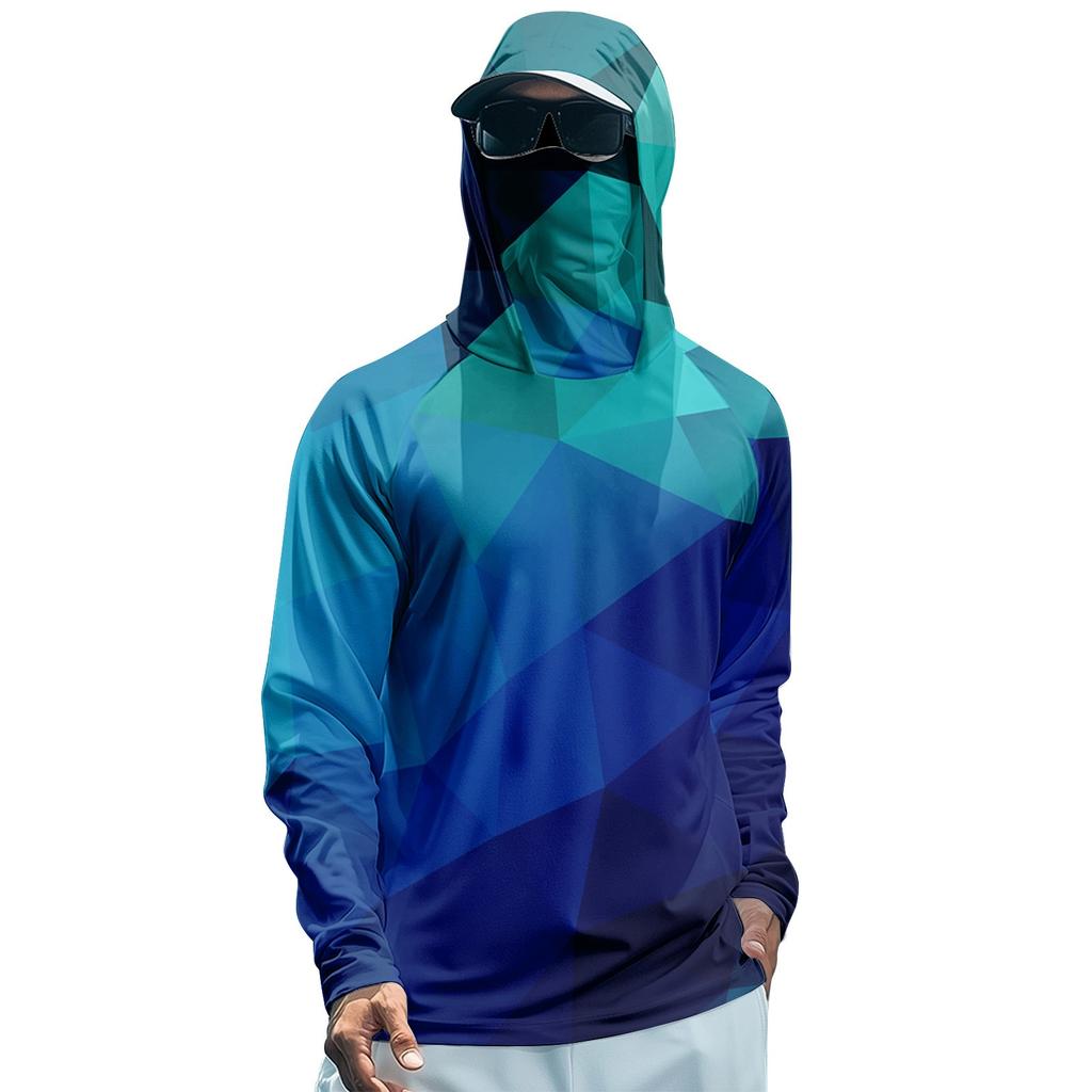 Men's Summer Gradient Color Geometry Quick-drying Long-sleeved T-shirt Sun Clothing Fishing Fitness Sports Hooded Long-sleeved Top