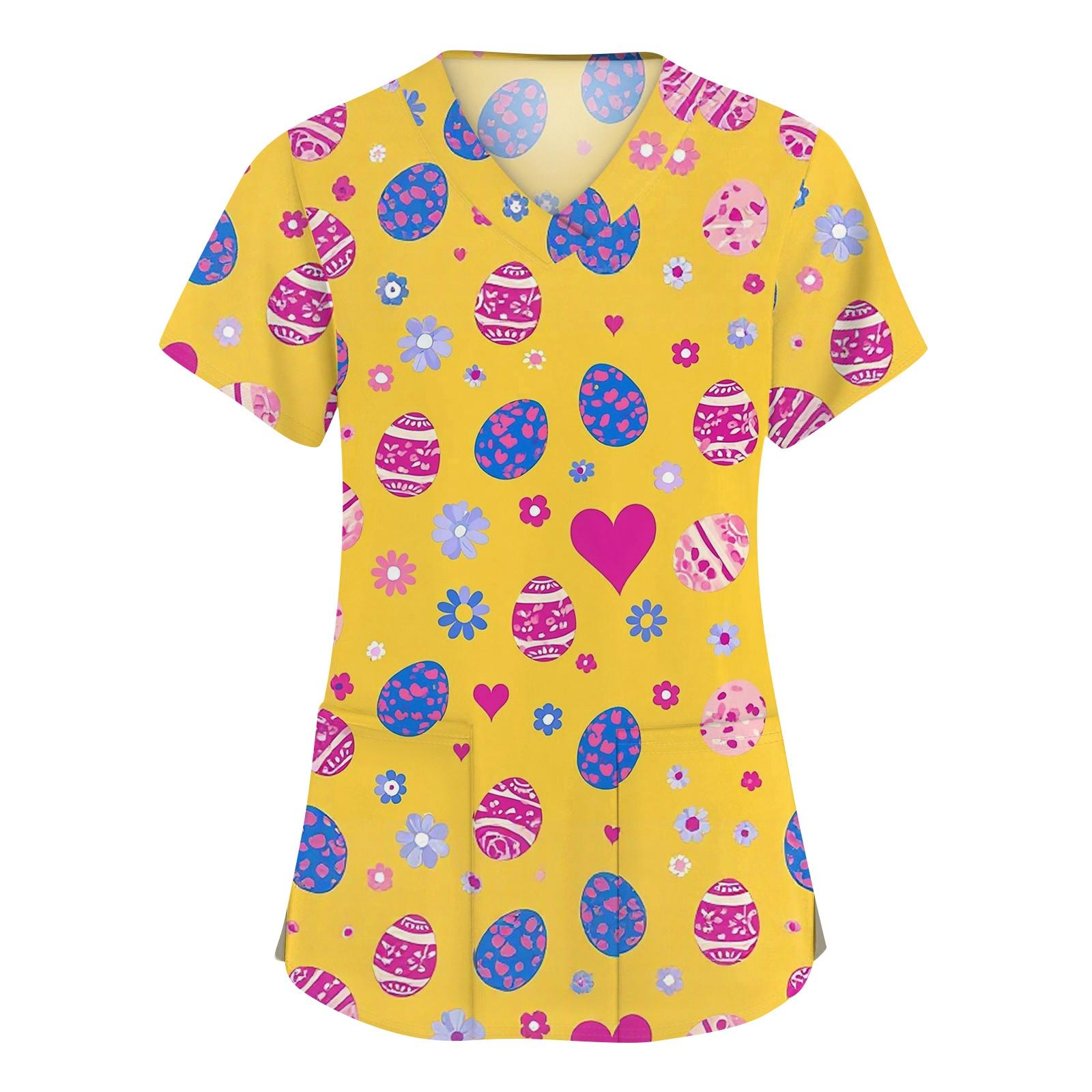 

Жіночий модний робочий одяг з V-подібним вирізом і короткими рукавами з принтованими кишенями XL жовтий