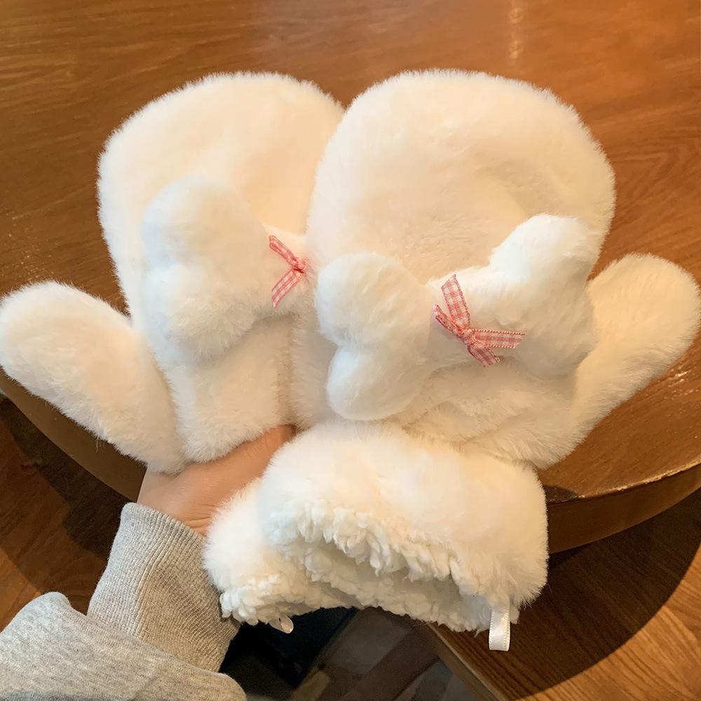 Cute Plush Gloves for Female Students In Winter Plus Velvet Thickened Versatile Fingers Furry Neck Cycling To Prevent Wind and Cold