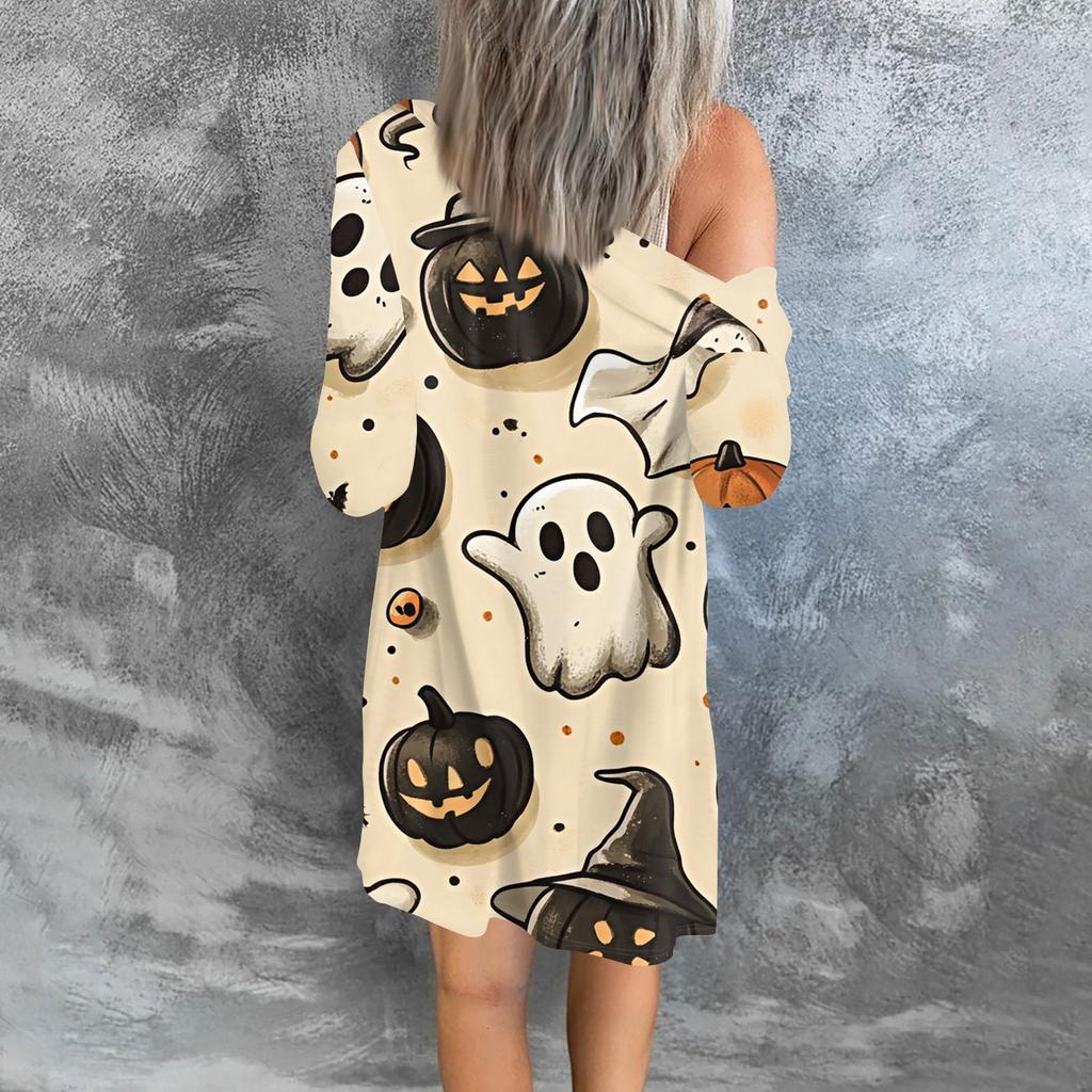 Women's Casual Cardigan Halloween Printed Long Sleeve Top With Pockets