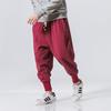 Men's 2025 Autumn Cotton Linen Cuffed Pants - Solid Color, Japanese & Chinese Style, Thin Drop Crotch Design