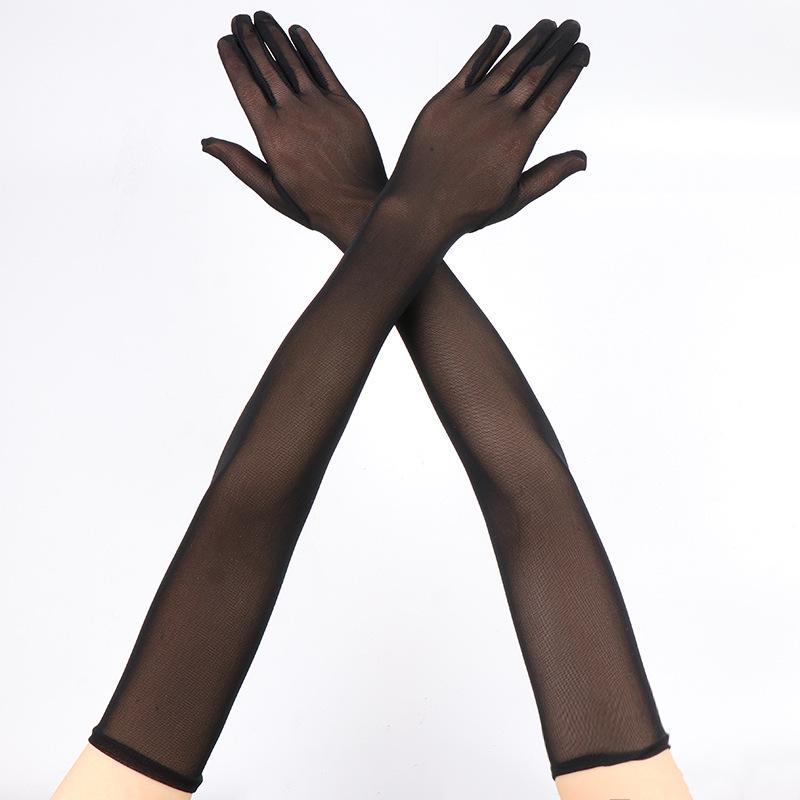 55cm Schwarze Seidennetz-Spitzenhandschuhe für Damen: Hochelastische, Sexy, Atmungsaktive Sonnenschutz-Handstulpen
