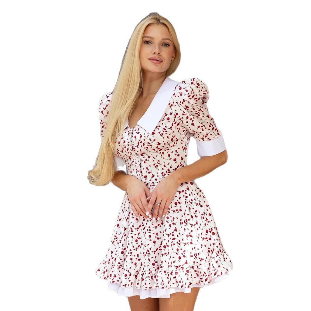 Women's V-neck printed dress Women's European and American summer new bubble sleeve short skirt Doll collar dress