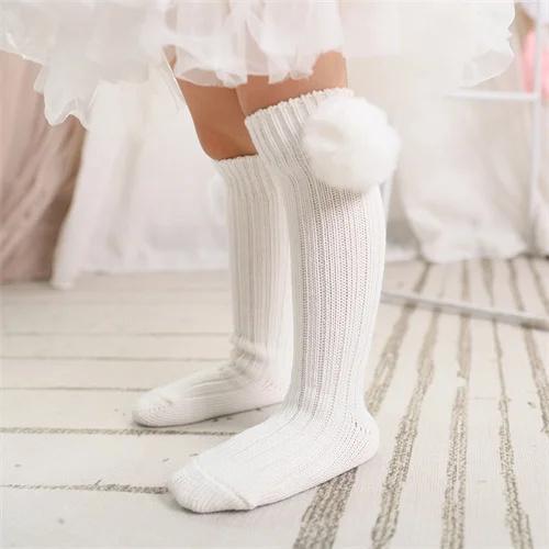 Kids Girls Socks Cotton Fur Ball Knee High Children's Socks For Girls Winter Warm Knitted Baby Stocking Age for 0-7Years