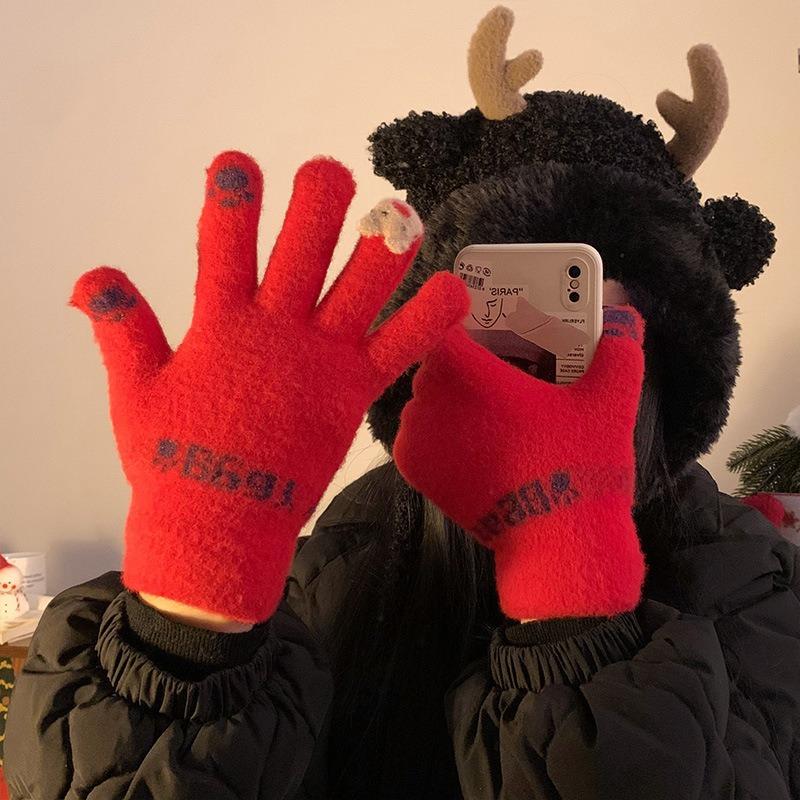 Christmas new cute red knitted gloves female autumn and winter finger velvet warm student riding windproof and cold