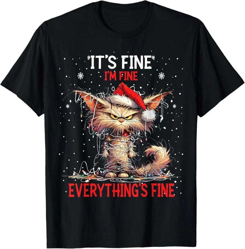 Cute Cat Xmas Lights It s Fine I m Fine Everything Is Fine T-Shirt M