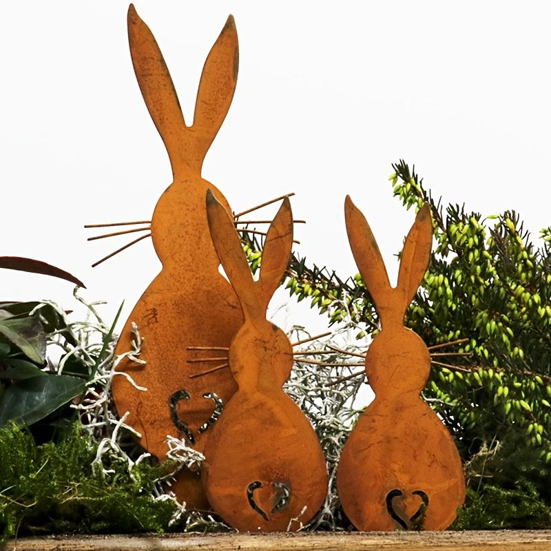 3pcs Rustic Metal Bunny Garden Stakes, Vintage Rusty Rabbit Yard Art Decor, Easter Bunny Ornaments, Patio Decoration