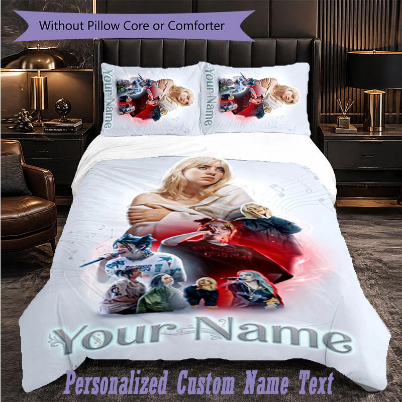 Personalized 3Pcs Bedding SetBillie Eilish Custom Text Duvet Cover Pillowcase Set Bedroom Gift