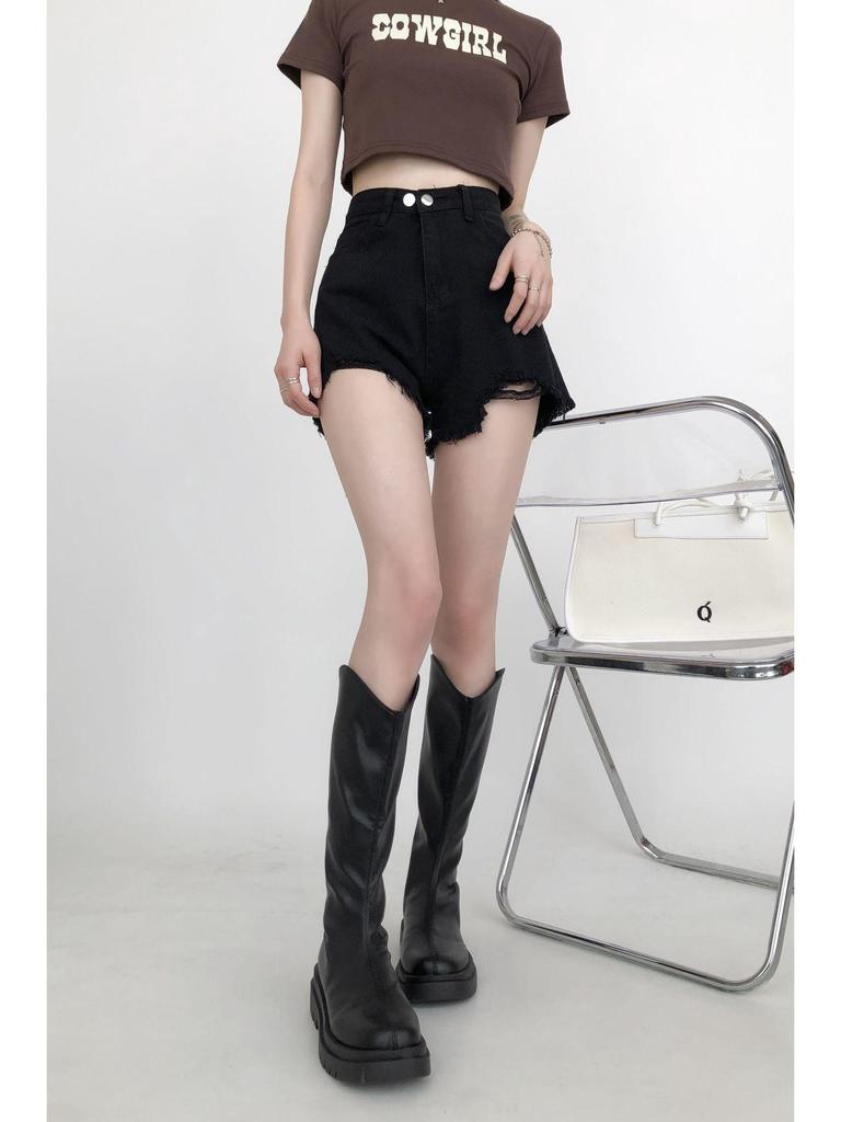 Women's High Waist Black Wide Leg Denim Shorts - Retro Raw Edge, Spring/Summer 2025