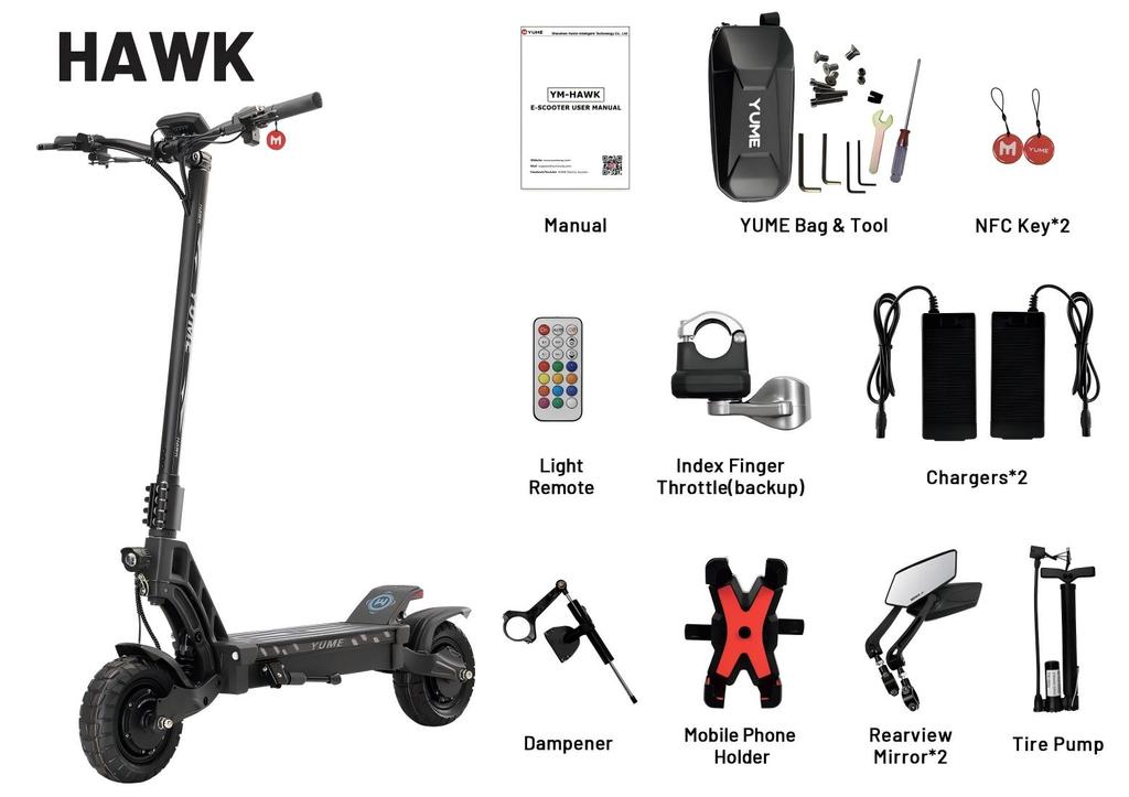 YUME HAWK Electric Scooter  1200W*2 Motor 60V22.5Ah Battery 10x3.15" All-terrain Tires70km/h Max Speed 70km Max range