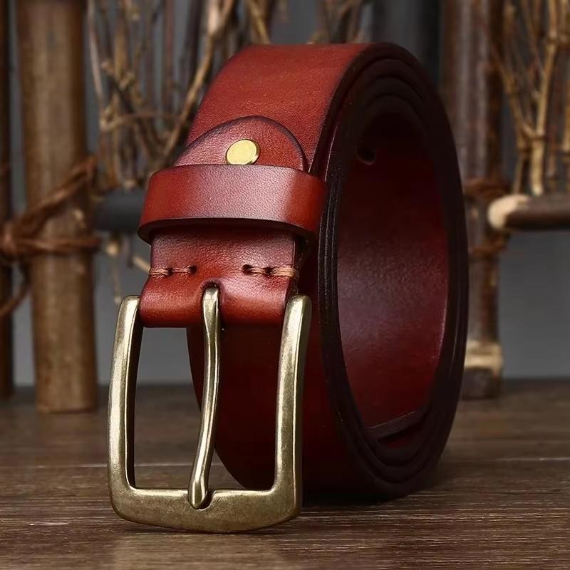 3.8CM Top Cow Genuine Leather Belts for Men Copper Buckle Fashion Style FULL GRAIN Male Belt for Jeans Cowhide Strap